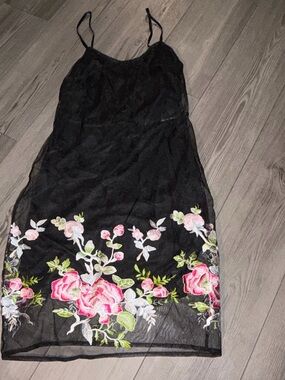 A.B.S. Black Floral Embroidered Sheer Mesh Slip Dress Pink Roses Y2K